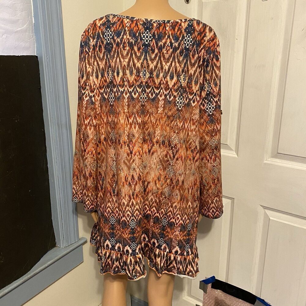 Song N Spirit Top Women Long Sleeve Flowy Tunic Blue Orange Aztec Stretch Sz XXL - Picture 6 of 9